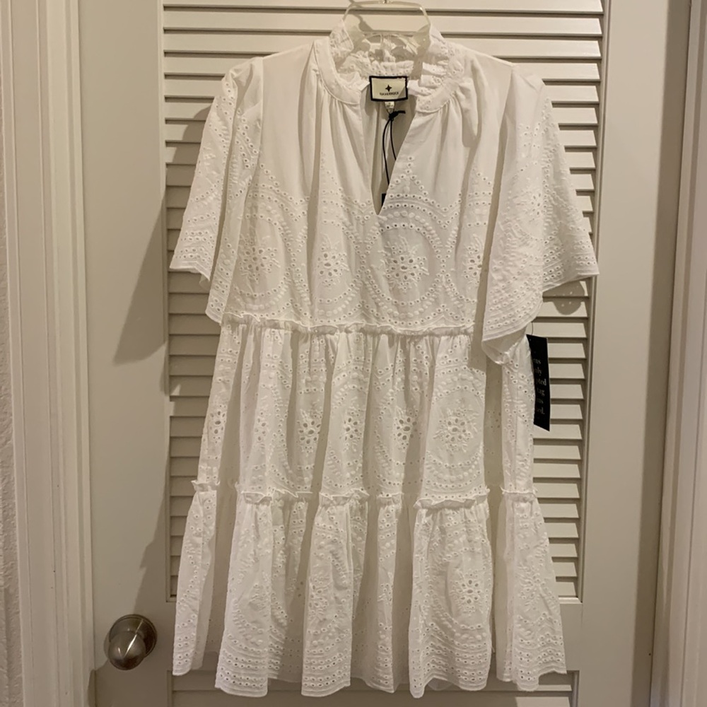 Tuckernuck White Eyelet Crawford Flutter Sleeve Mini Dress NWT Size Small - Picture 3 of 11